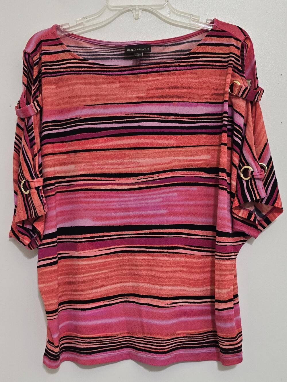 new BOLD ELEMENTS size Large Striped Grommet Slit Sleeve Slinky Top Pink Multi